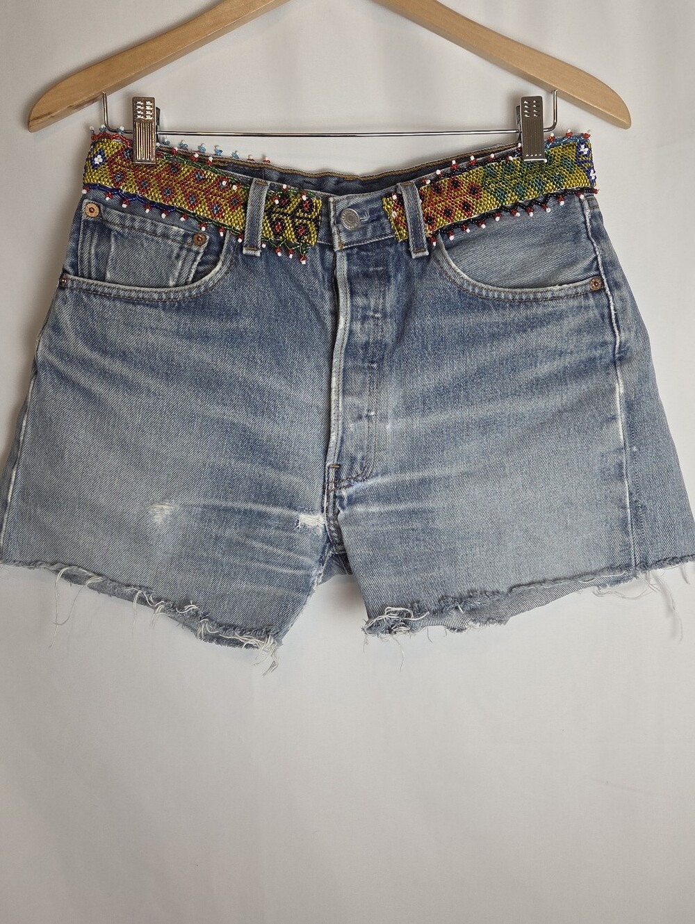 Tricia Fix Levi 501 Button Fly Denim Shorts With Hand Beaded Belt